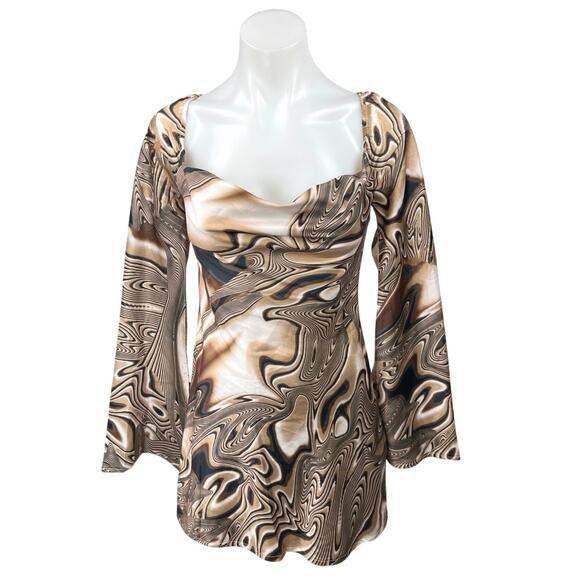 Princess Polly Corban Brown Silky Satin Bell Sleeve Mini Fit & Flare Dress Sz 0 - Picture 1 of 5